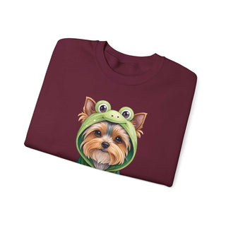 Embroidered Yorkie in frog costume on crewneck sweatshirt made of cotton-poly blend