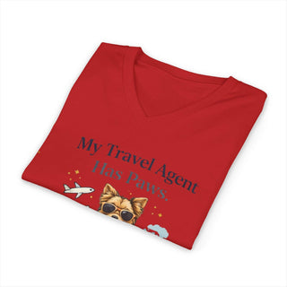 My Travel Agent Has Paws V-neck t-shirt with smiling dog holding passport and boarding pass design
