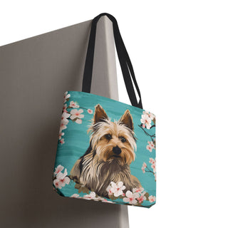 Yorkshire Beach Blue Yorkie Floral Tote Bag