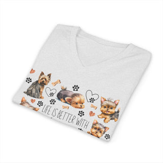 Yorkie Lover V-Neck T-Shirt with size guide and care instructions, unisex cotton tee designed for Yorkie enthusiasts