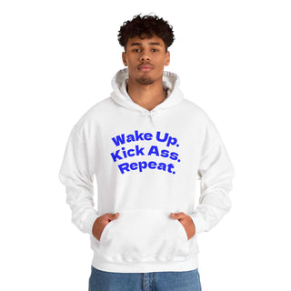 Wake Up Kick Ass Repeat hoodie sweatshirt with kangaroo pocket and double-lined hood