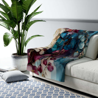 Cobalt Wisteria Sherpa Blanket with painterly petal design and plush fleece backside for warmth and comfort