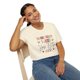 I'm Not Bossy V-neck unisex t-shirt with empowering slogan, 100% cotton, available in sizes S to 3XL