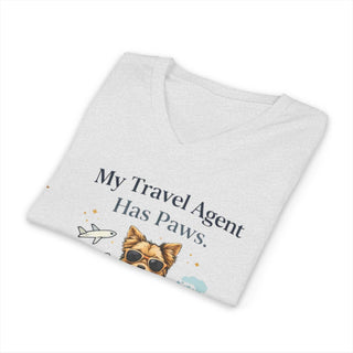 My Travel Agent Has Paws V-neck t-shirt with smiling dog holding passport and boarding pass design
