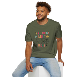 Unisex I'm Not Bossy V-neck t-shirt with empowering slogan and size guide table