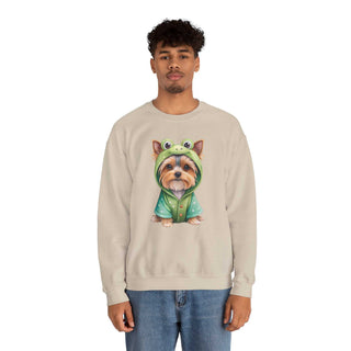 Embroidered Yorkie in green frog costume on cozy crewneck sweatshirt