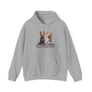 Yoga Namaste Hoodie sweatshirt with Yorkshire Terrier design and kangaroo pocket