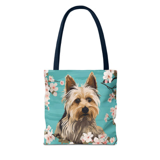 Yorkshire Beach Blue Yorkie Floral Tote Bag
