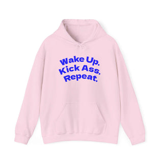 Black hoodie sweatshirt with "Wake Up. Kick Ass. Repeat." bold chest print and kangaroo pocket