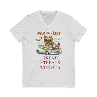 Yorkie Road Trip V-neck tee size chart with width, length, and sleeve measurements in inches