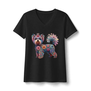 Floral Yorkshire Terrier V-Neck T-shirt