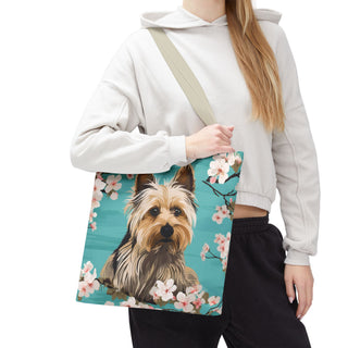 Yorkshire Beach Blue Yorkie Floral Tote Bag