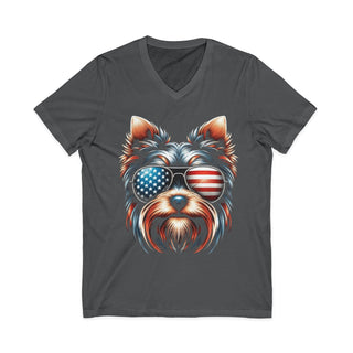 Patriotic Yorkie V-neck T-shirt with stars and stripes design on lightweight cotton fabric