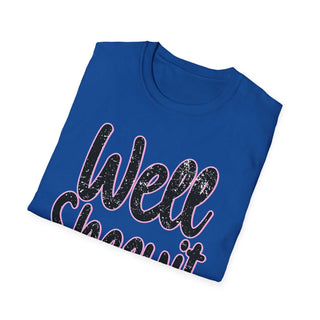 Blue casual statement tee with "Well Sheeyit!" text in black and pink outline, unisex softstyle shirt.