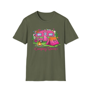 Olive green Camping Queen T-Shirt with colorful camper, pink tent, campfire, and floral design.