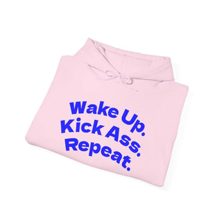 Black hoodie sweatshirt with "Wake Up. Kick Ass. Repeat." slogan and kangaroo pocket