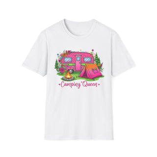 White Camping Queen T-Shirt with pink camper, tent, campfire, and floral design