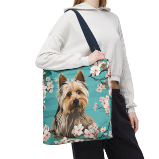 Yorkshire Beach Blue Yorkie Floral Tote Bag