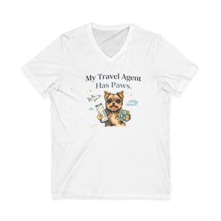 My Travel Agent Has Paws V-neck t-shirt with smiling dog holding passport and boarding pass, lightweight cotton, casual travel tee