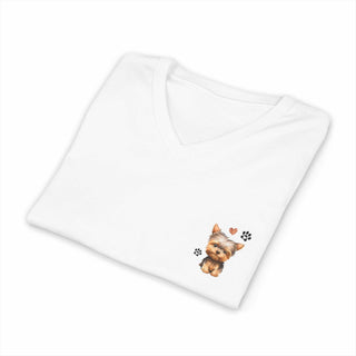 Yorkie On My Heart V-neck t-shirt with small watercolor puppy print near heart, soft cotton, breathable and ethically made
