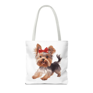 Yorkie puppy tote bag with hand-painted-style Yorkshire Terrier and red bow on white background