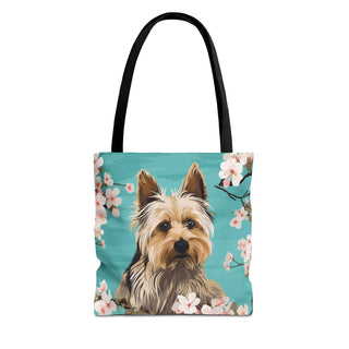 Yorkshire Beach Blue Yorkie Floral Tote Bag