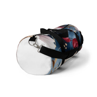 Floral duffel bag with black straps, round base, and colorful flower print for travel and gym use