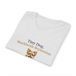 Tiny Dog Worldwide Reputation V-neck T-shirt with playful dog design on suitcase stack