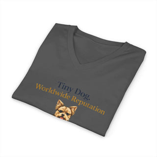Tiny Dog Worldwide Reputation V-neck t-shirt with soft cotton fabric and playful dog design