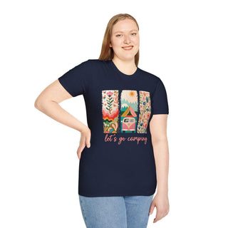Unisex navy t-shirt with colorful camping adventure graphic and "let's go camping" text, soft cotton fabric