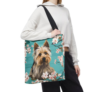 Yorkshire Beach Blue Yorkie Floral Tote Bag