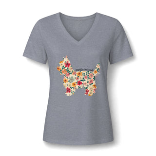 Floral Yorkie Mom V Neck T-Shirt