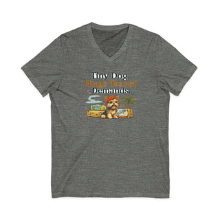 V-neck t-shirt with tiny dog and travel design, lightweight cotton, modern retail fit