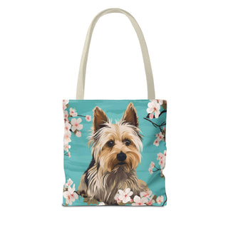 Yorkshire Beach Blue Yorkie Floral Tote Bag