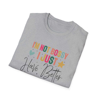 I'm Not Bossy V-neck t-shirt with empowering slogan, unisex, 100% cotton, comfortable fit, ethical production, available in sizes S-3XL