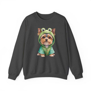 Crewneck sweatshirt with embroidered Yorkie in frog costume design