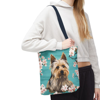 Yorkshire Beach Blue Yorkie Floral Tote Bag