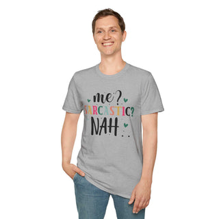 Unisex Sarcastic Humor T-Shirt in softstyle cotton with size guide and care instructions