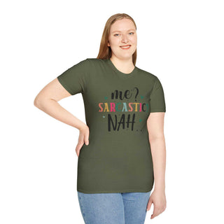Unisex sarcastic humor t-shirt with witty "Me Sarcastic?" design and soft cotton fabric