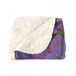 Vibrant violet Foxglove Sherpa fleece blanket 50x60 inches with floral design and soft hemmed edges