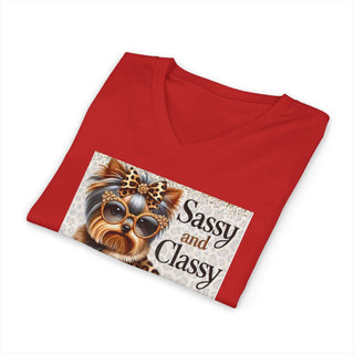Sassy and classy Yorkie dog print V-neck t-shirt for adults, lightweight and stylish