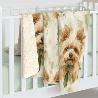 Yorkie portrait sherpa blanket with soft watercolor dog design and plush fleece backing, 50x60 inches