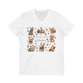 Yorkie Lover V-Neck T-Shirt size guide and product details with soft cotton fabric and ribbed collar