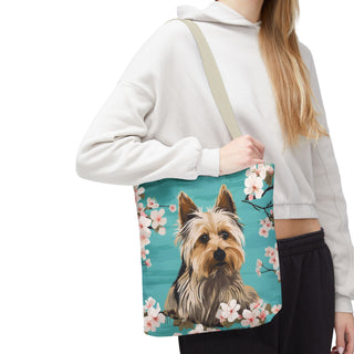 Yorkshire Beach Blue Yorkie Floral Tote Bag
