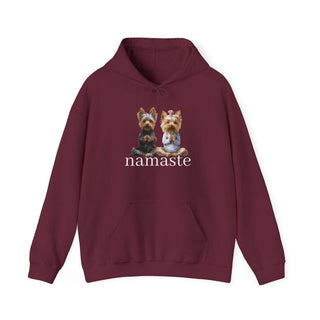 White Yoga Namaste Hoodie with playful Yorkshire Terriers print and kangaroo pocket