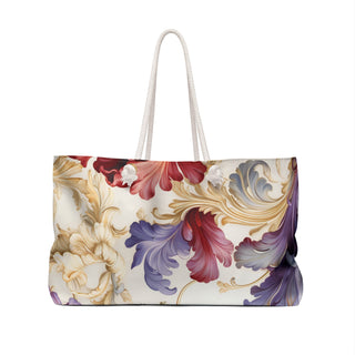Elegant Floral Weekender Bag with multicolor floral design, cream background, and cotton rope handles, perfect for travel and daily use.