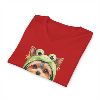 Yorkie in Frog Hoodie V-Neck T-Shirt