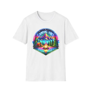 White unisex softstyle t-shirt with colorful camping vibes graphic featuring a campfire, tent, pine trees, and mountains.