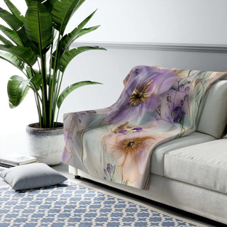 Lavender & Peach Garden cozy throw blanket with watercolor floral design and plush sherpa fleece backside