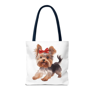 Yorkie puppy tote bag with hand-painted style Yorkshire Terrier and red bow on white background
